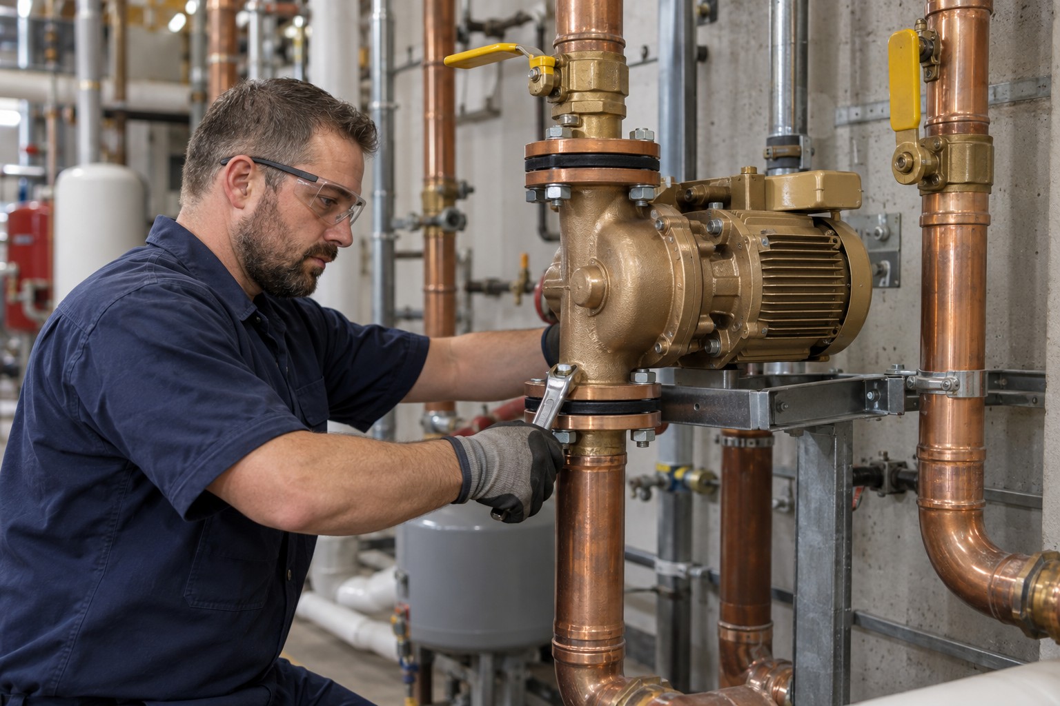 Illustration of a technician replacing a hot-water circulating pump
